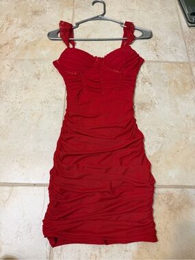 Windsor Red Ruched Lace-Strap Mini Dress